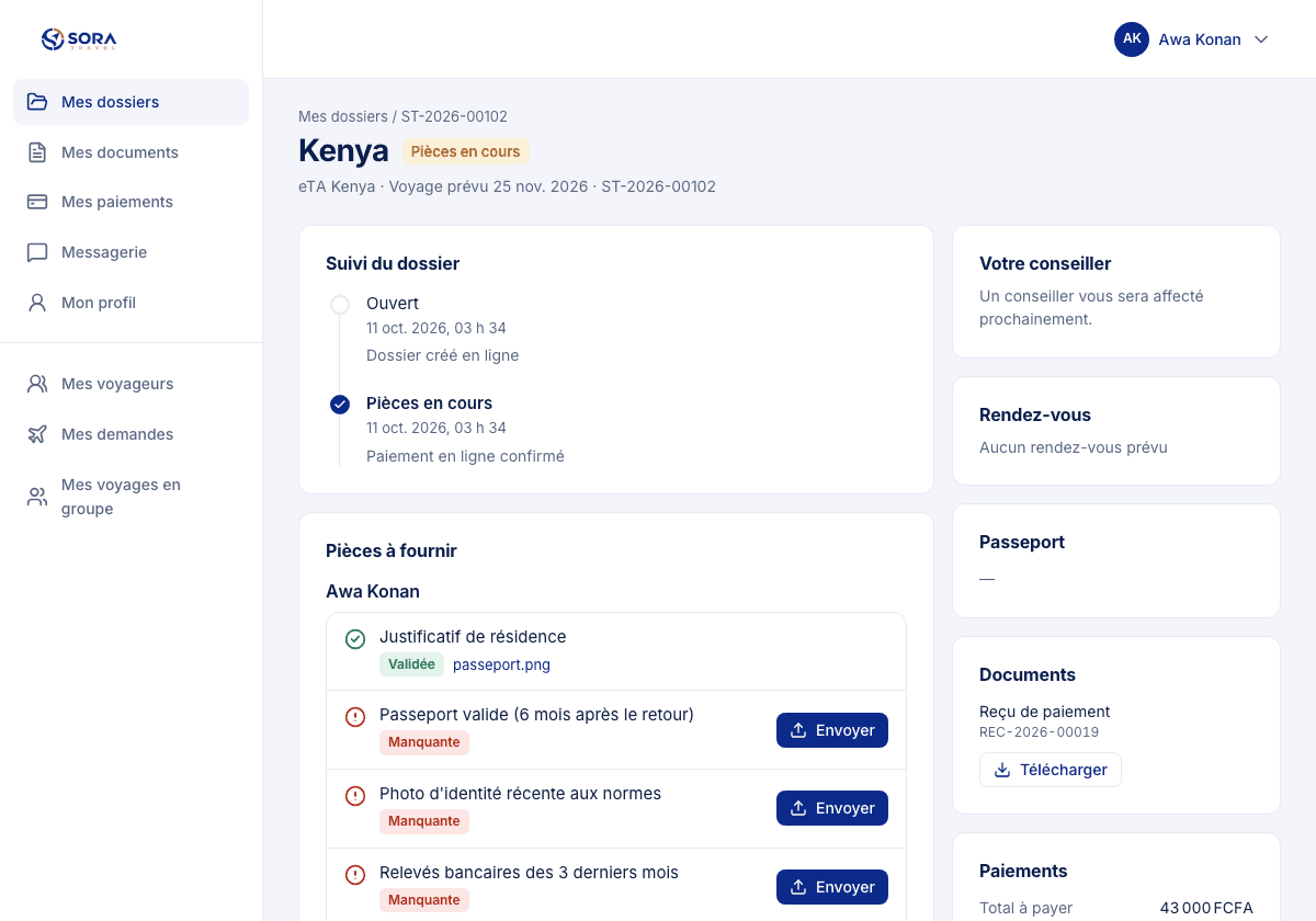 Aperçu d'un dossier dans l'espace client : timeline, checklist de pièces, paiements.